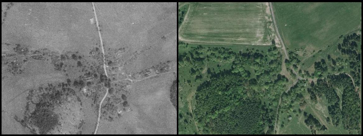 Dolní Novina, porovnání leteckých snímků z let 1953 a 2007
