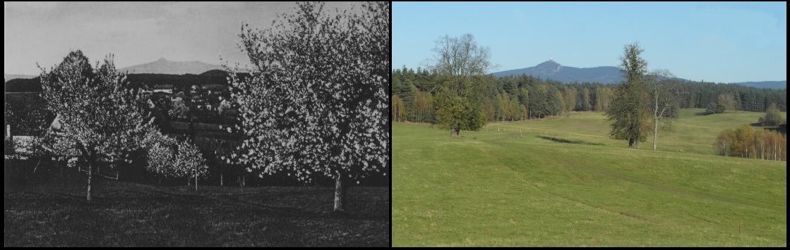 Příloha 1 : Černá Novina, střed obce r. 1932 v porovnání se stavem v r. 2014