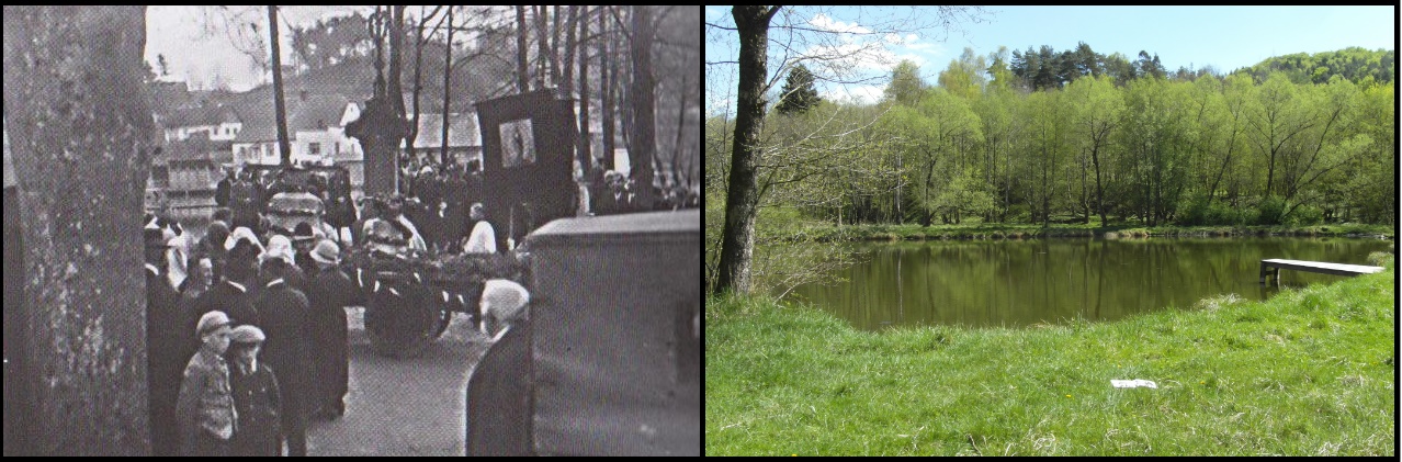 Svébořice, u rybníka r.1928 v porovnání se stavem v r. 2015