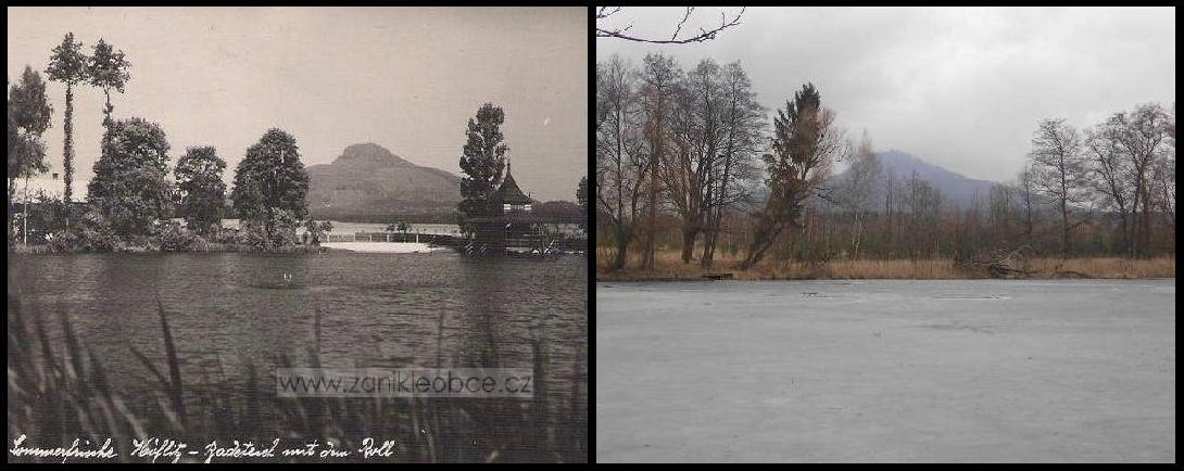 Příloha 5.  Rybník s plovárnou r. 1938 v porovnání se stavem v r. 2009