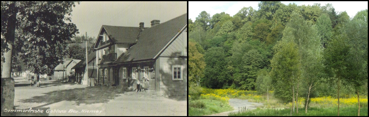 Náves - hostinec,  r. 1934 v porovnání se stavem v r. 2015