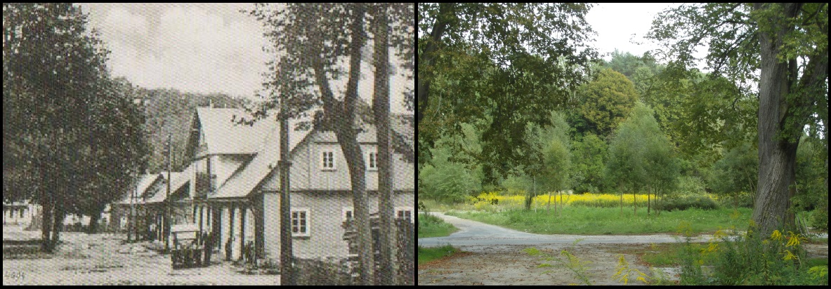 Hostinec, r. 1910 v porovnání se stavem v r. 2015