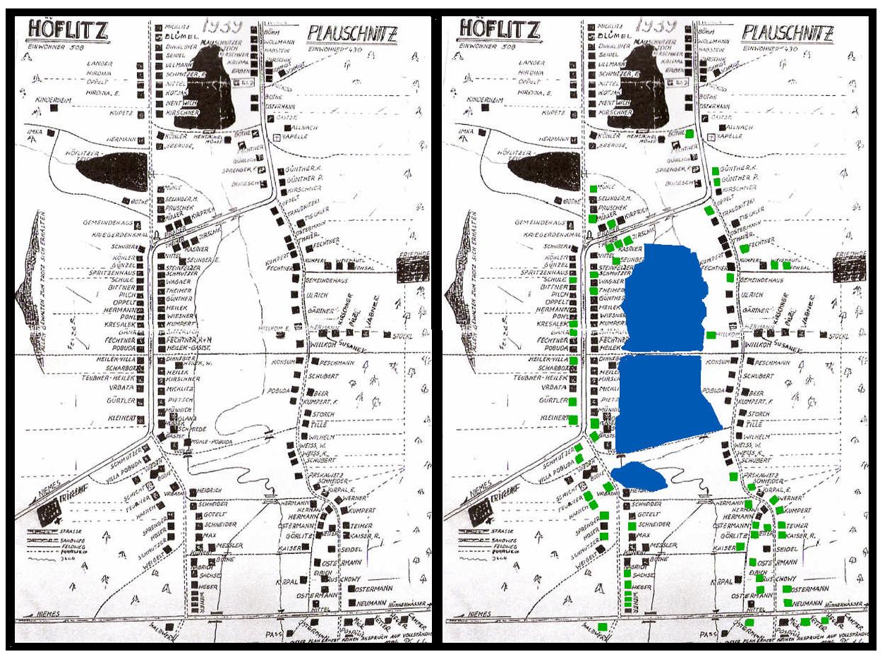 Plánek Hvězdova a Ploužnice z r. 1939 v porovnání se stavem v r. 2009