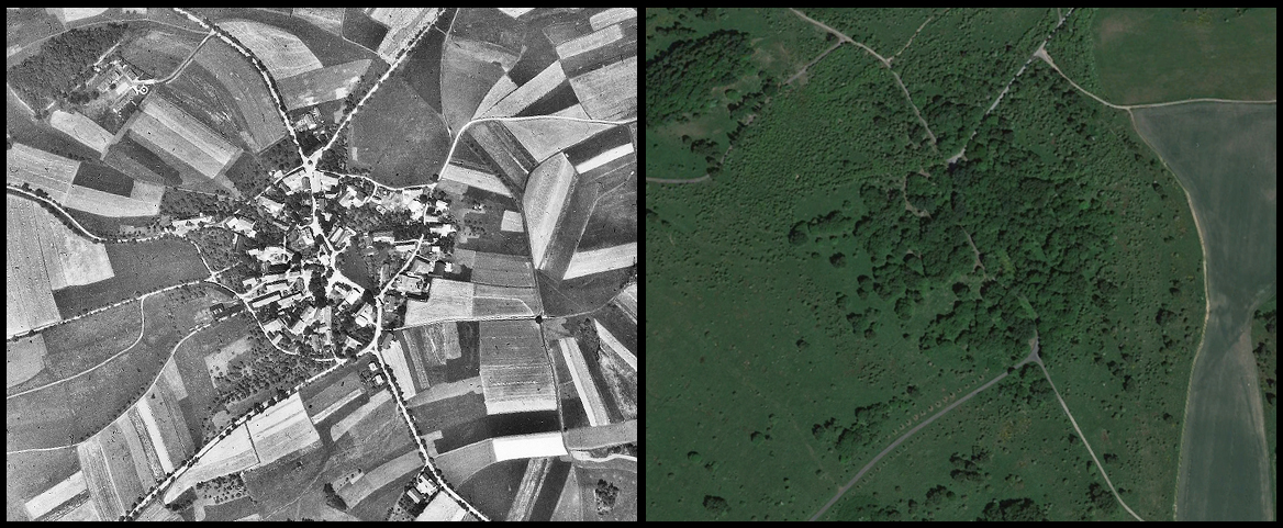 Olšina, porovnání leteckých snímků z let 1946 a 2015